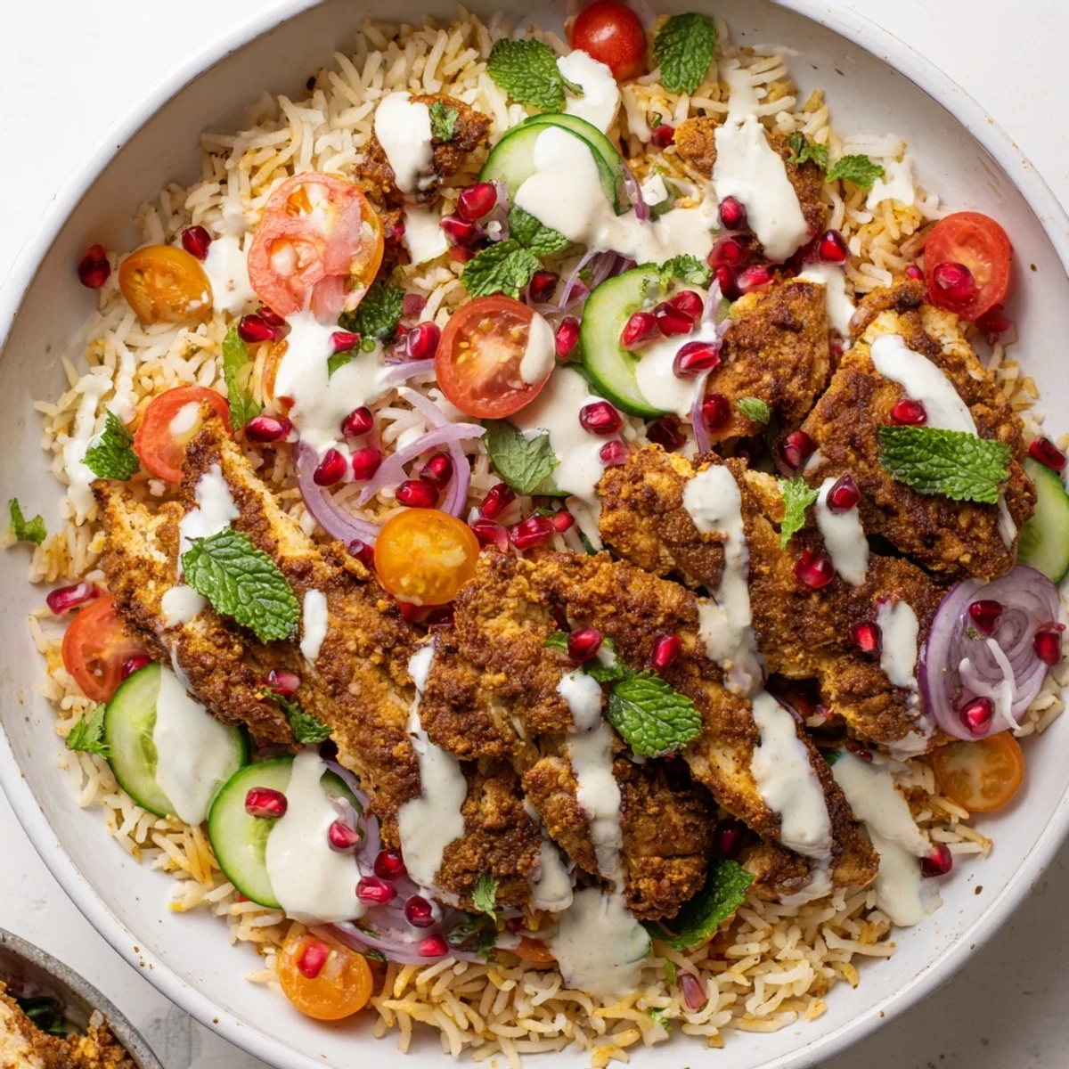 Freshly plated Chicken Shawarma Crispy Rice Salad garnished with parsley, offering a crunchy texture and creamy Middle Eastern yogurt dressing.