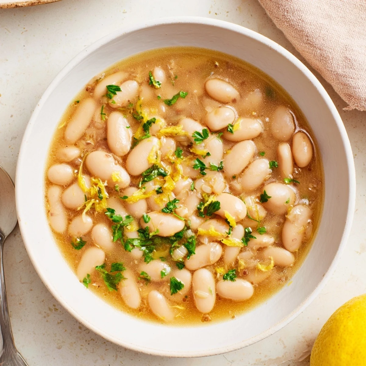 A close-up of Miso Butter Brothy Beans simmering in a savory broth, with steam rising and herbs scattered on top.  