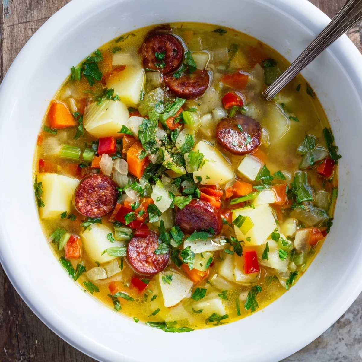 Golden-brown Spanish Potato Soup with Chorizo in a rustic bowl, featuring tender potatoes and smoky sausage, garnished with fresh parsley and served with crusty bread.