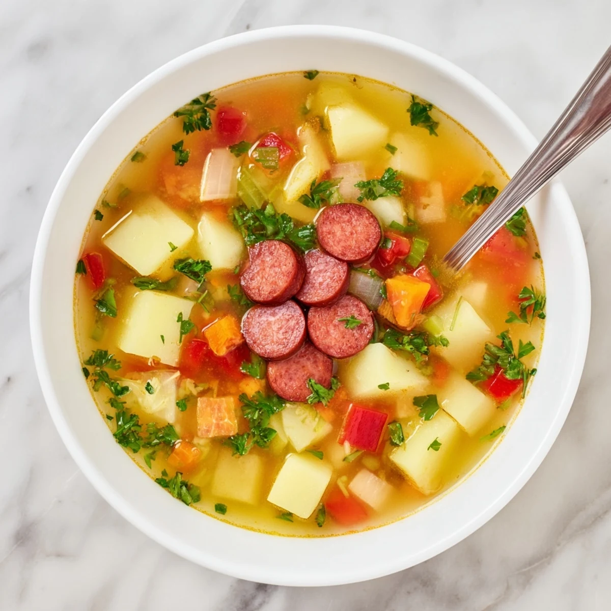 Hearty Spanish Potato Soup with Chorizo bubbling in a pot, revealing rich red broth with diced carrots, peppers, and savory slices of chorizo.
