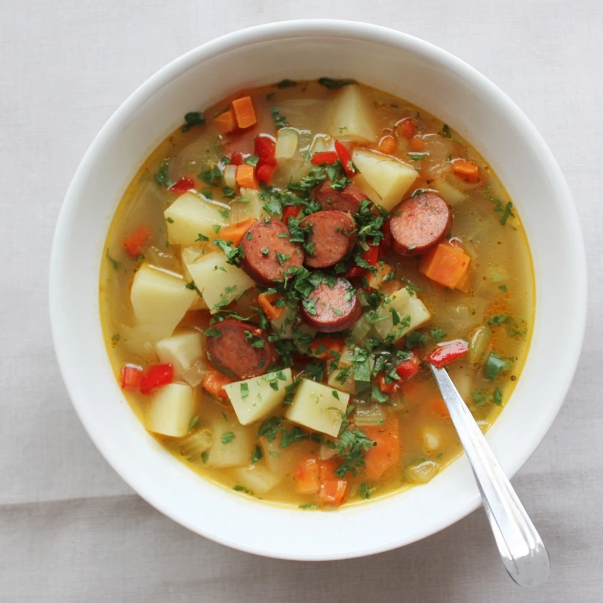 Comforting Spanish Potato Soup with Chorizo ladled into a ceramic bowl, topped with crispy chorizo rounds and a sprinkle of fresh green parsley.