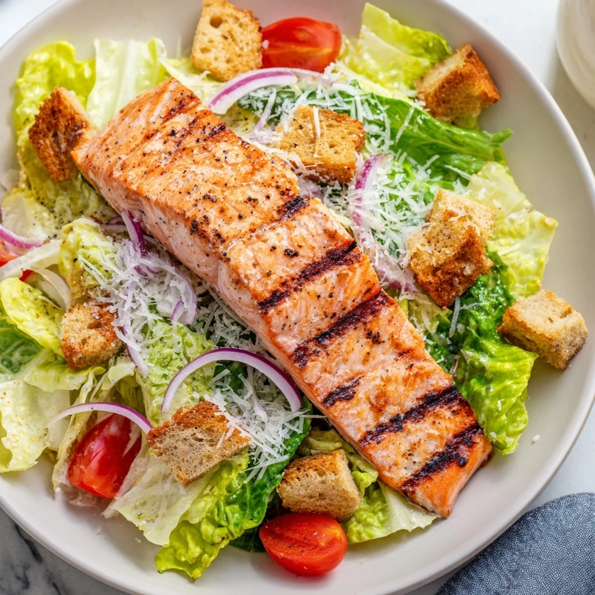 Grilled salmon fillet resting on a bed of crisp romaine with Caesar dressing, cherry tomatoes, and crunchy croutons.