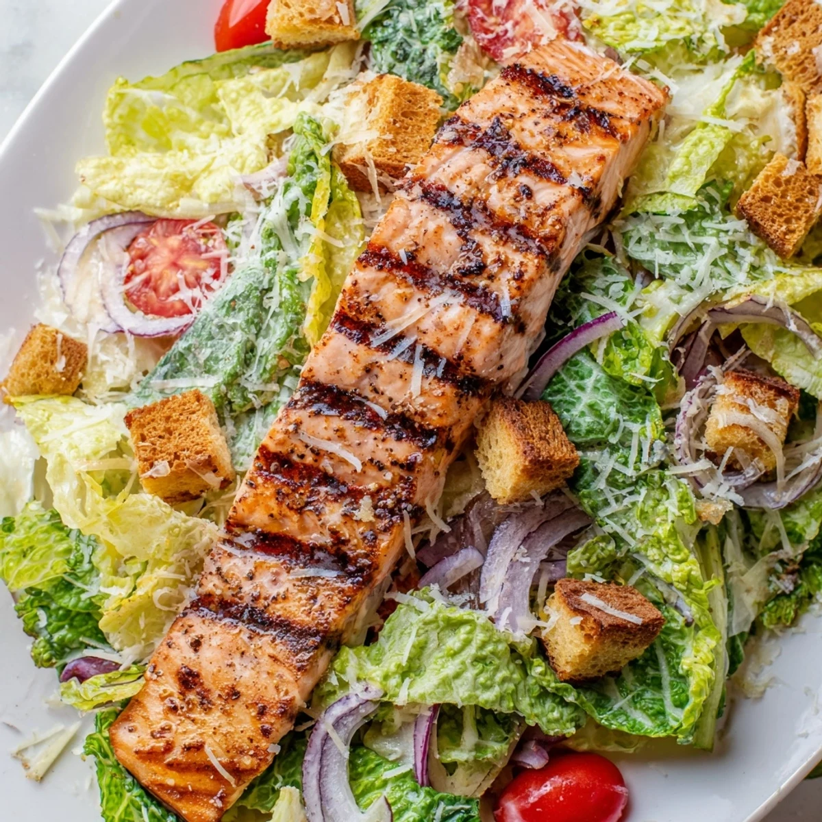 A vibrant Salmon Caesar Salad plated with grilled salmon, shaved Parmesan, and fresh herbs beside a creamy dressing.