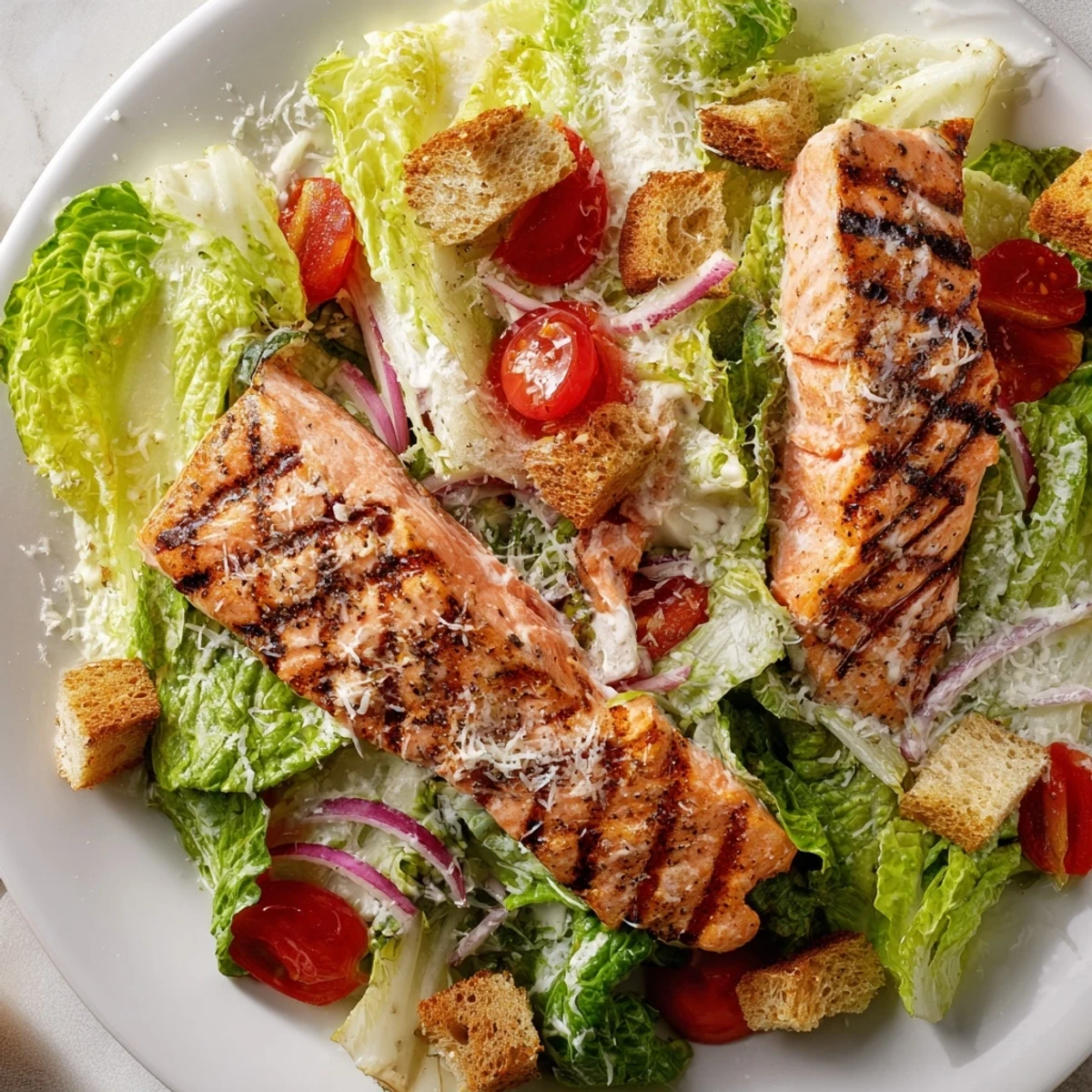 Savory Salmon Caesar Salad featuring charred salmon, crisp lettuce, and golden croutons, served on a white plate.