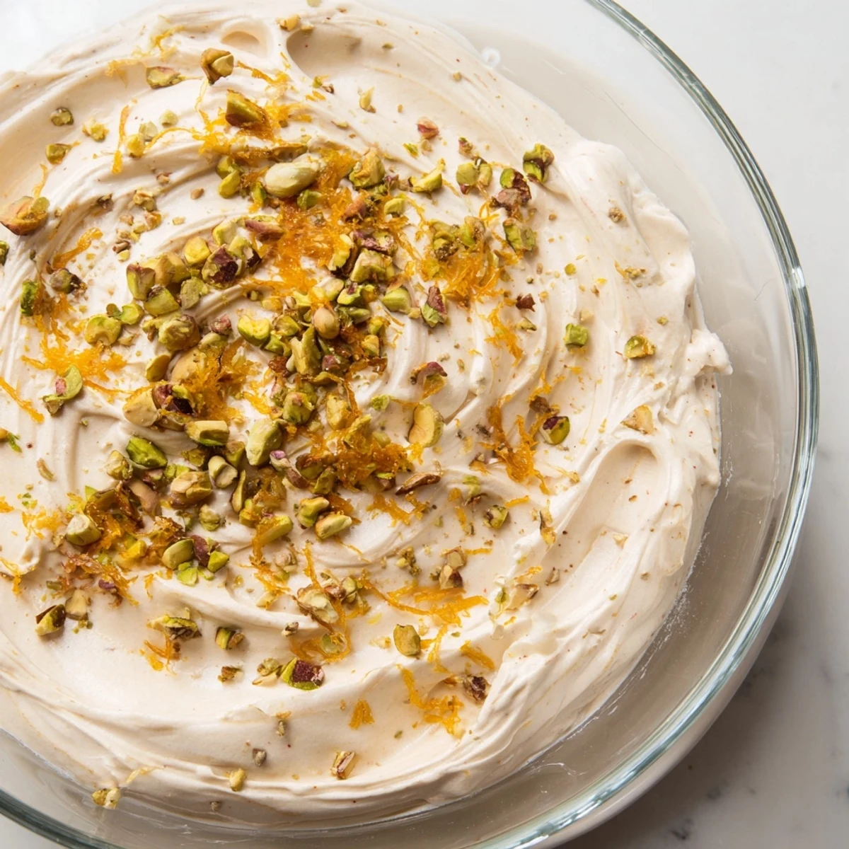 Creamy Lebanese Date Orange Blossom Mousse garnished with pistachios and orange zest in glass serving dishes.