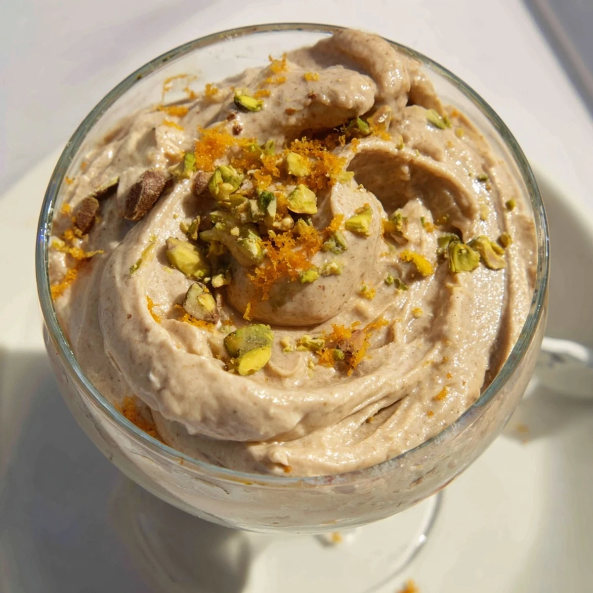 Chilled Lebanese Date Orange Blossom Mousse topped with sliced dates and a sprinkle of pistachios for texture.