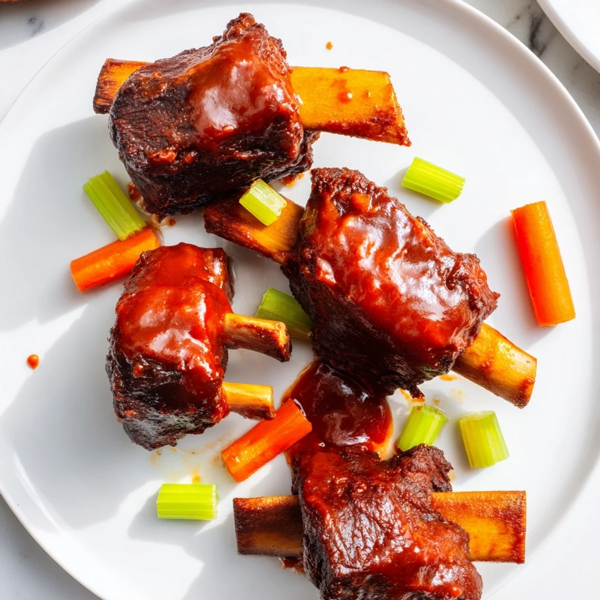 Sizzling beef short ribs glistening in a rich maple bourbon glaze beside roasted root vegetables.