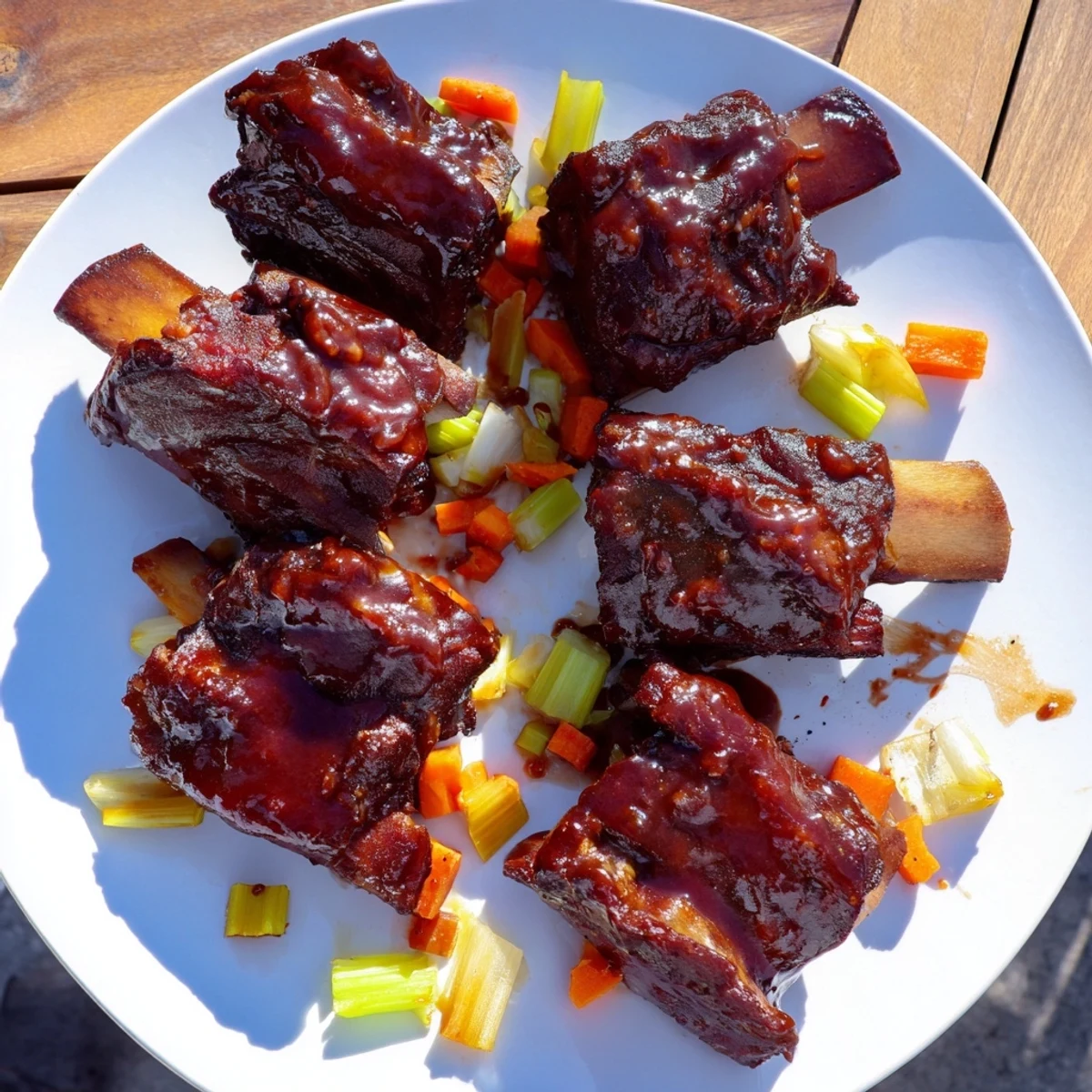 Tender, fall-off-the-bone Maple Bourbon Glazed Short Ribs served on a rustic wooden table.