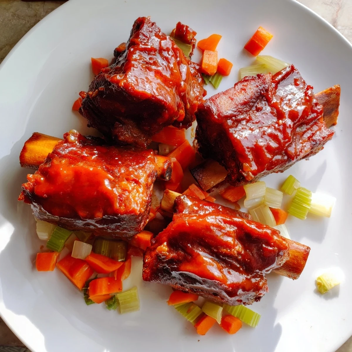 Maple Bourbon Glazed Short Ribs plated with creamy mashed potatoes and fresh herbs for garnish.