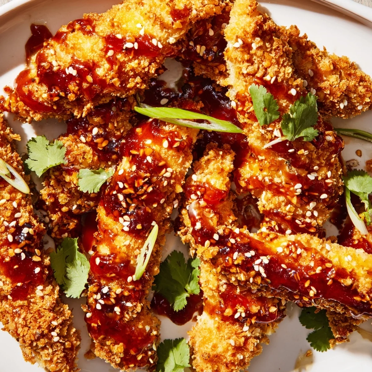 Golden-baked Thai Sticky Chicken Fingers glisten with a sweet and spicy sauce on a platter garnished with sesame seeds.
