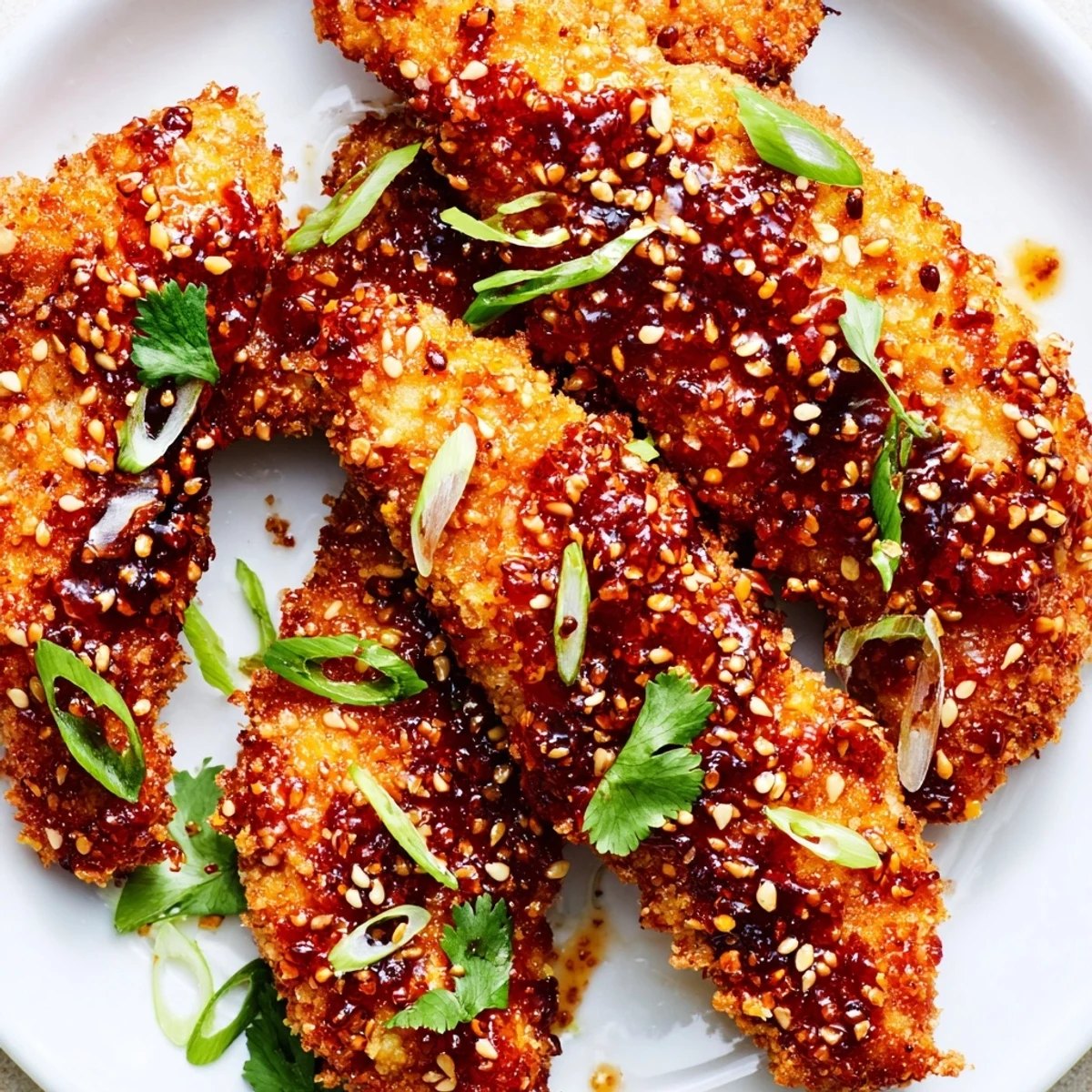 Crispy Thai Sticky Chicken Fingers are tossed in a sticky ginger glaze and served with fresh cilantro and scallions.
