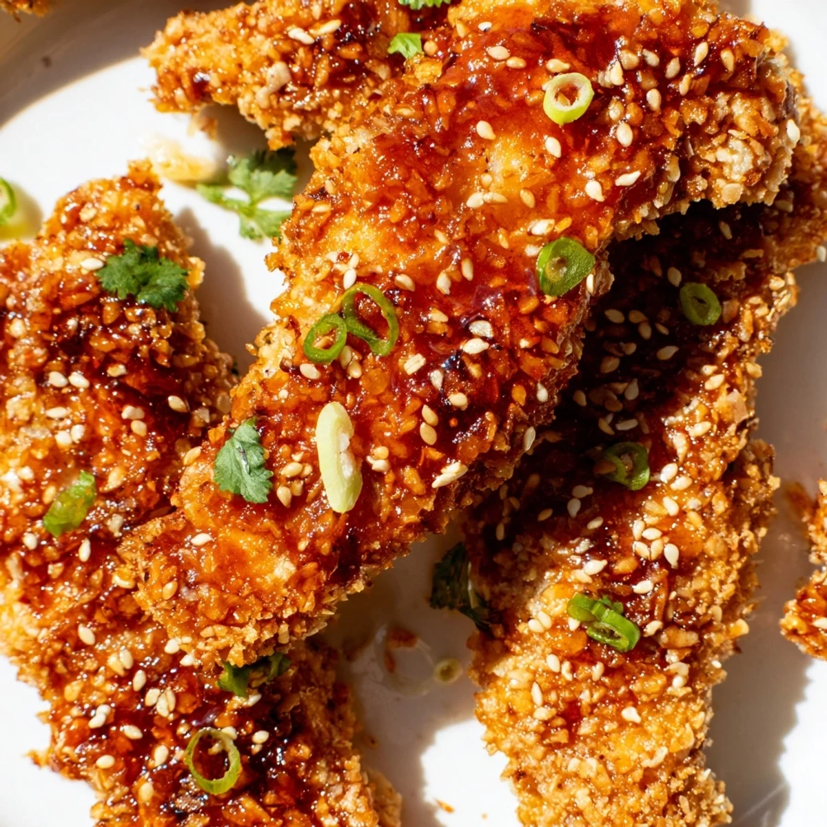 Sizzling Thai Sticky Chicken Fingers come out of the oven golden and are arranged for sharing on a rustic platter.