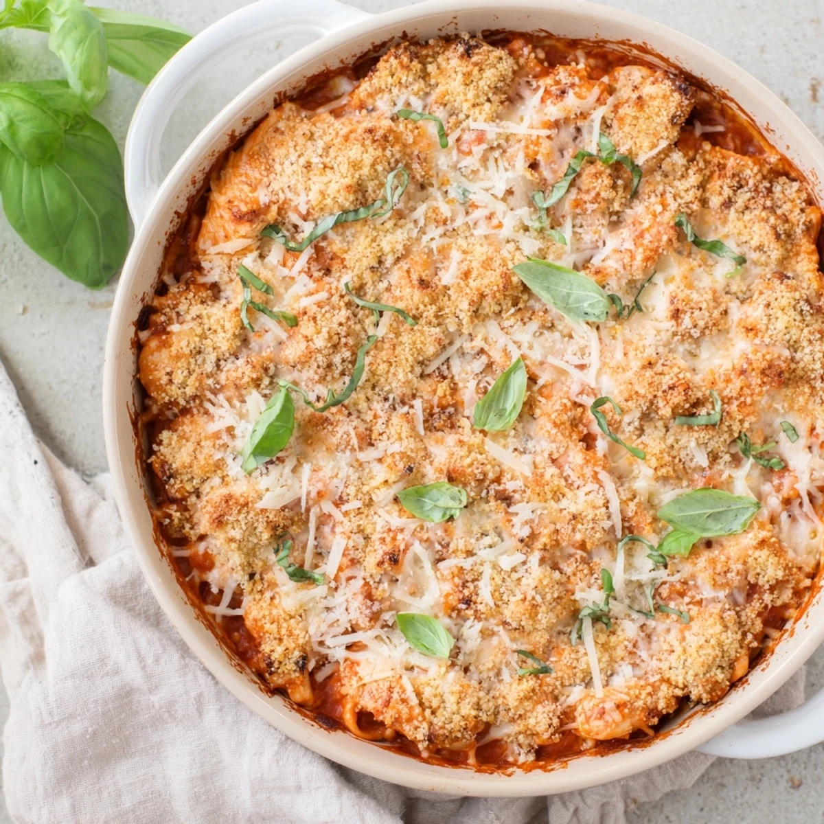A close-up of Keto Chicken Parmesan Casserole revealing rich marinara sauce and shredded chicken under melted mozzarella.