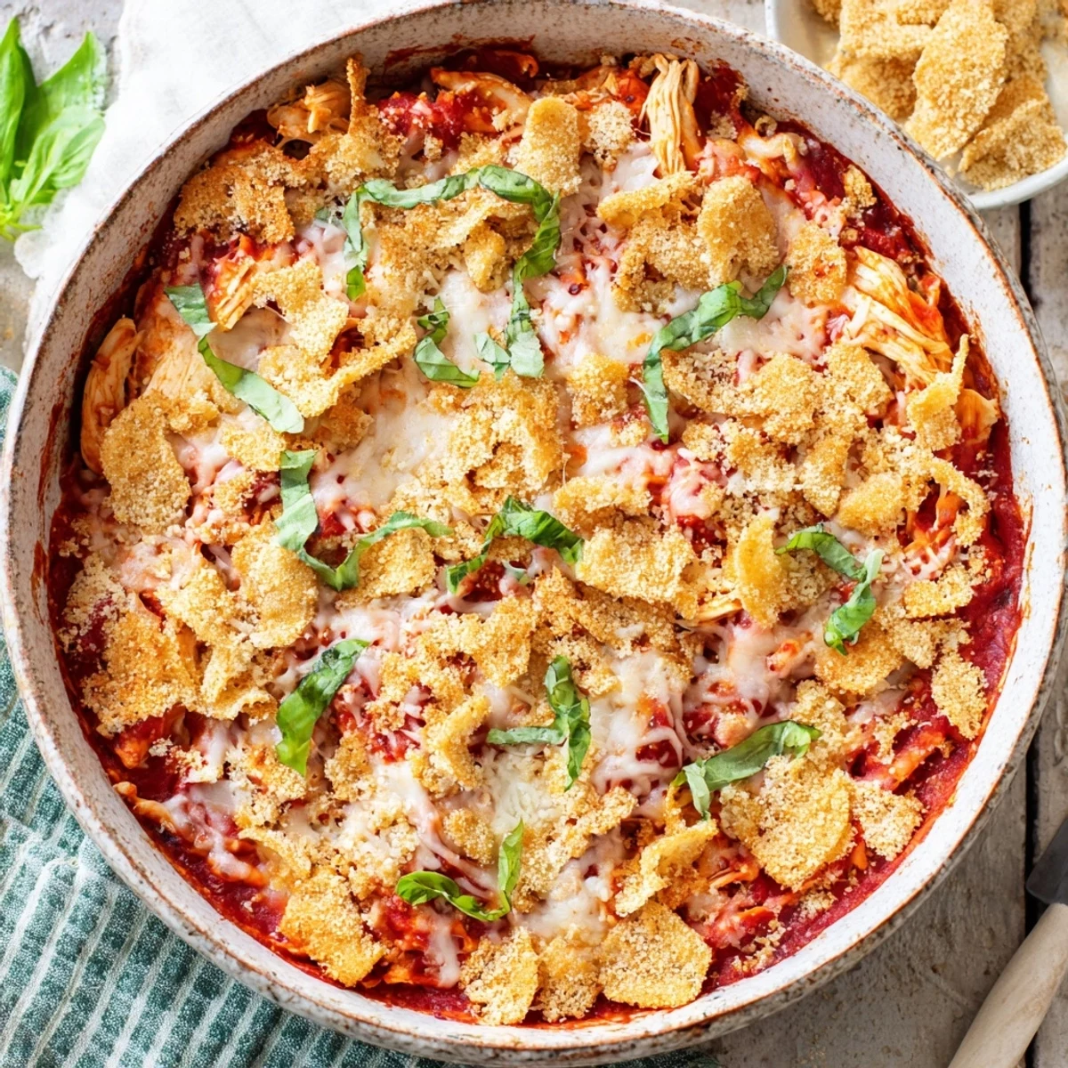 Baked Keto Chicken Parmesan Casserole with golden bubbly cheese and fresh basil garnish on a white plate.