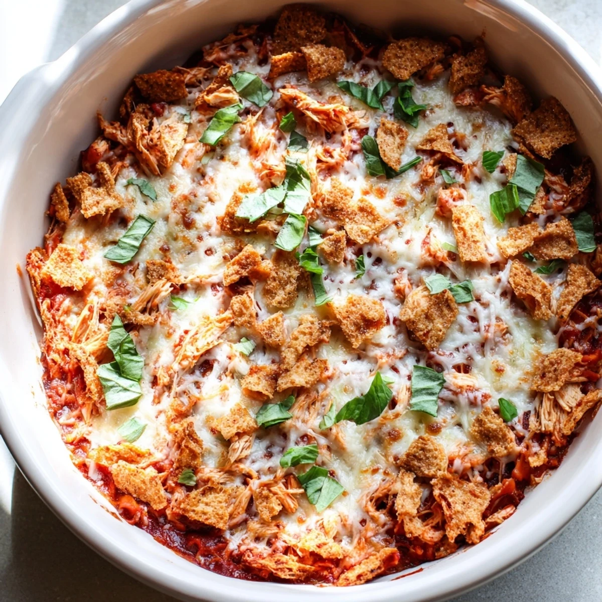 Serving Keto Chicken Parmesan Casserole from a dish, spoon lifting cheesy layers with a side salad nearby.