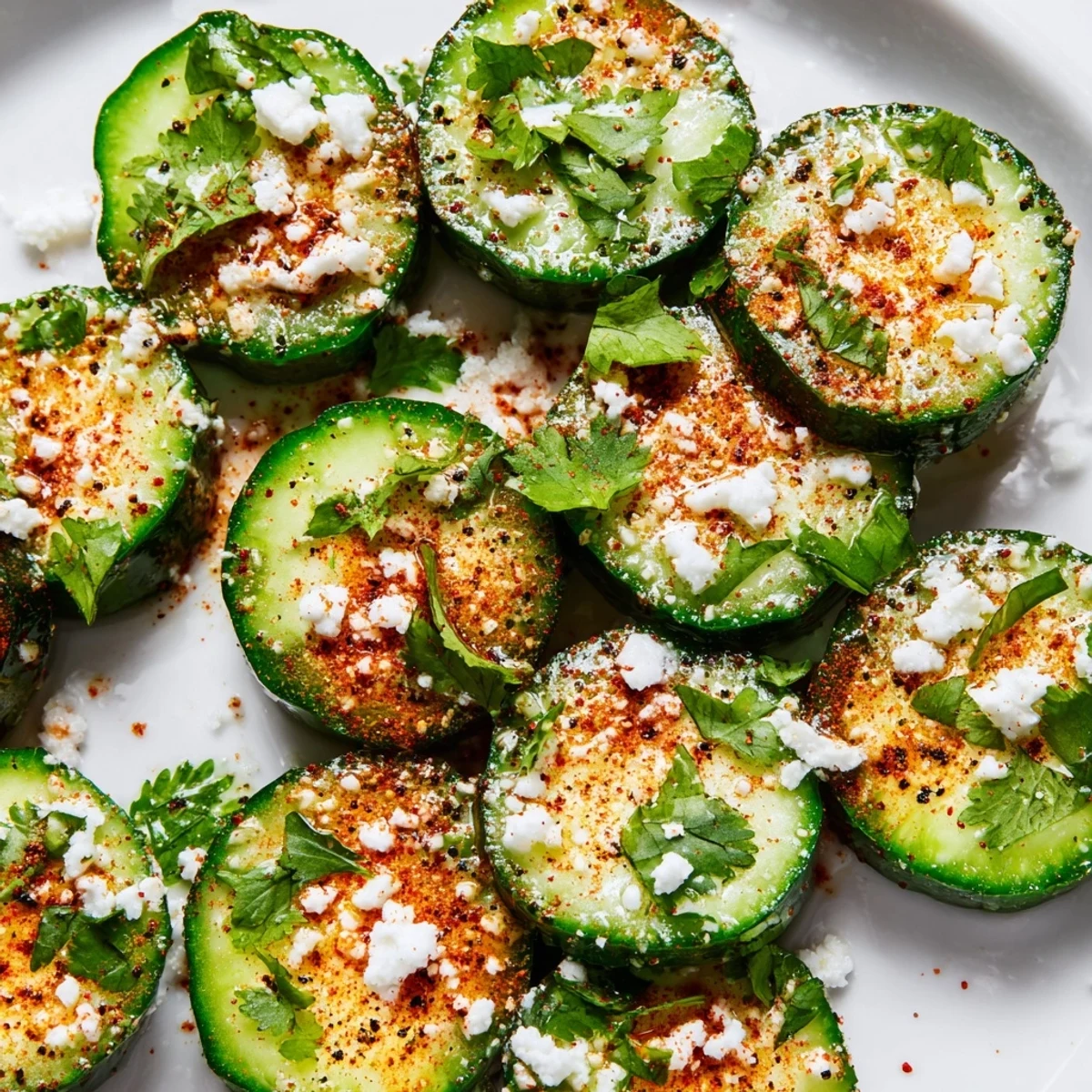 Mexican Style Cucumbers garnished with fresh cilantro and cotija cheese, served on a chilled plate for summer snacking.
