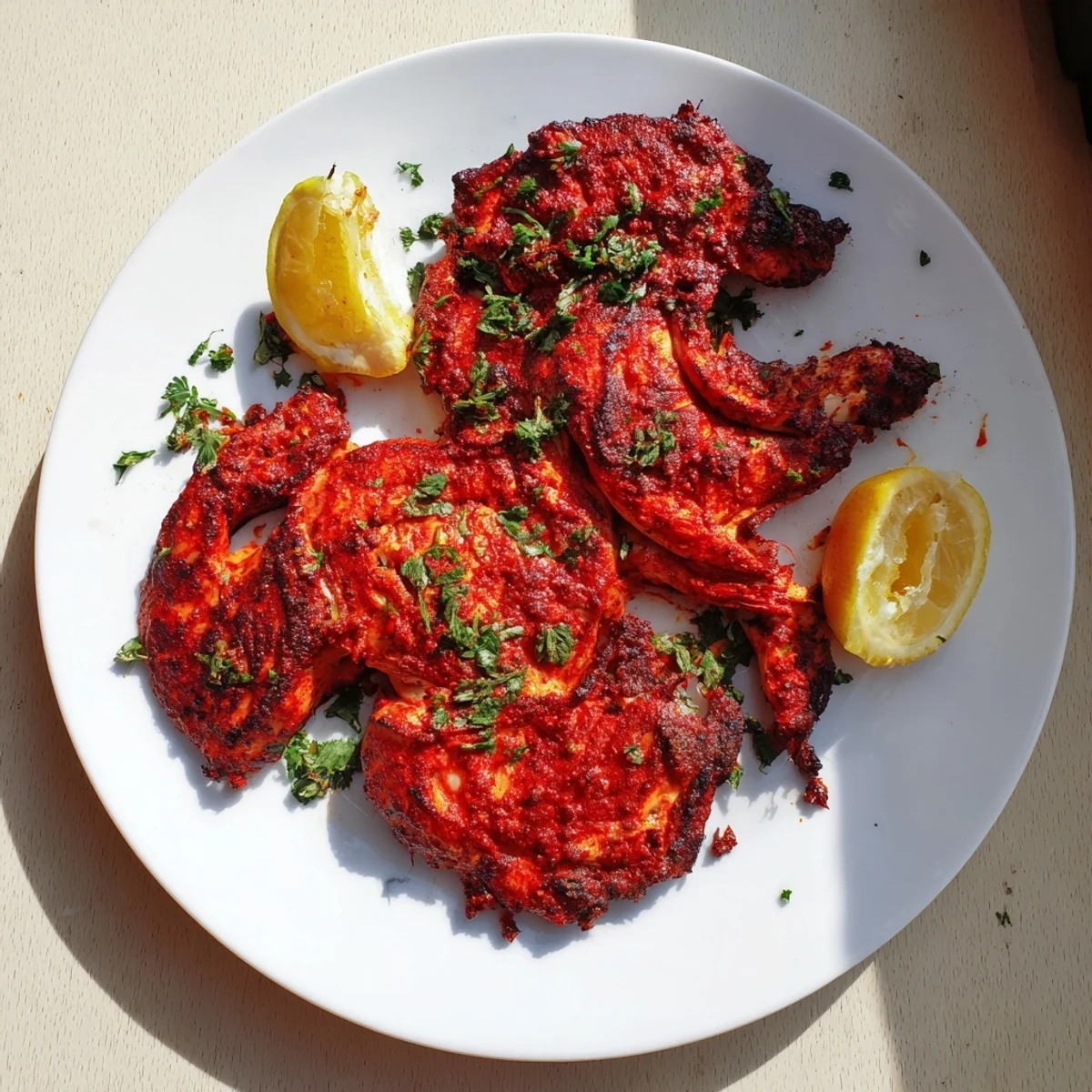 Juicy Peri Peri Chicken Portuguese Style glistens with charred edges and vibrant red marinade on a rustic plate.