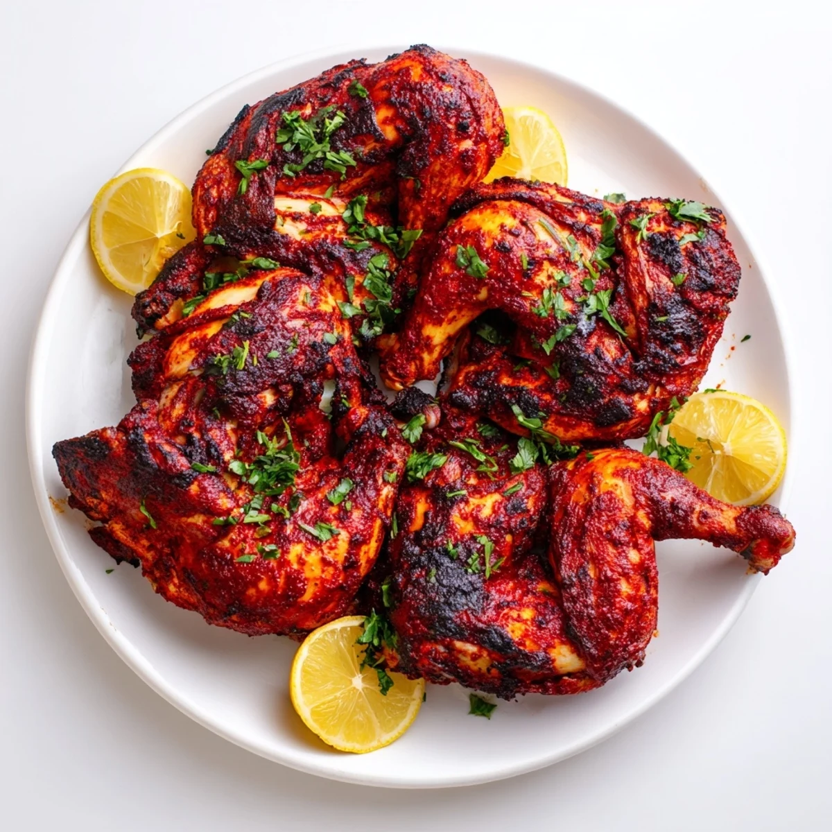 Sizzling Peri Peri Chicken Portuguese Style emerges from the grill with smoky aroma and lemon wedges alongside parsley.