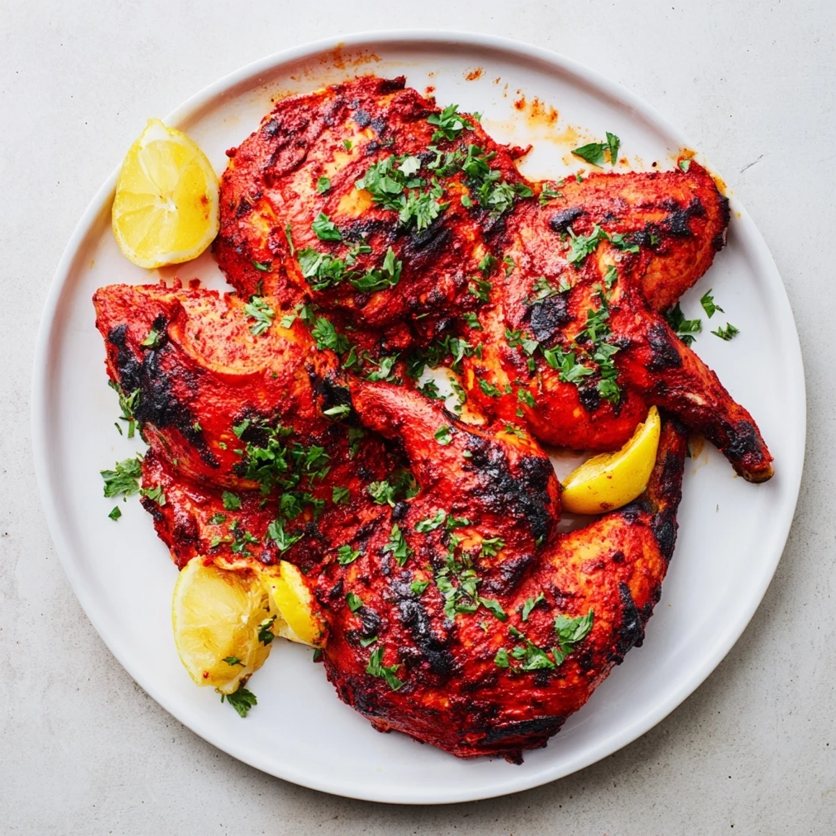 Family-style Peri Peri Chicken Portuguese Style rests on a platter with crispy skin and fresh garnishes for summer.