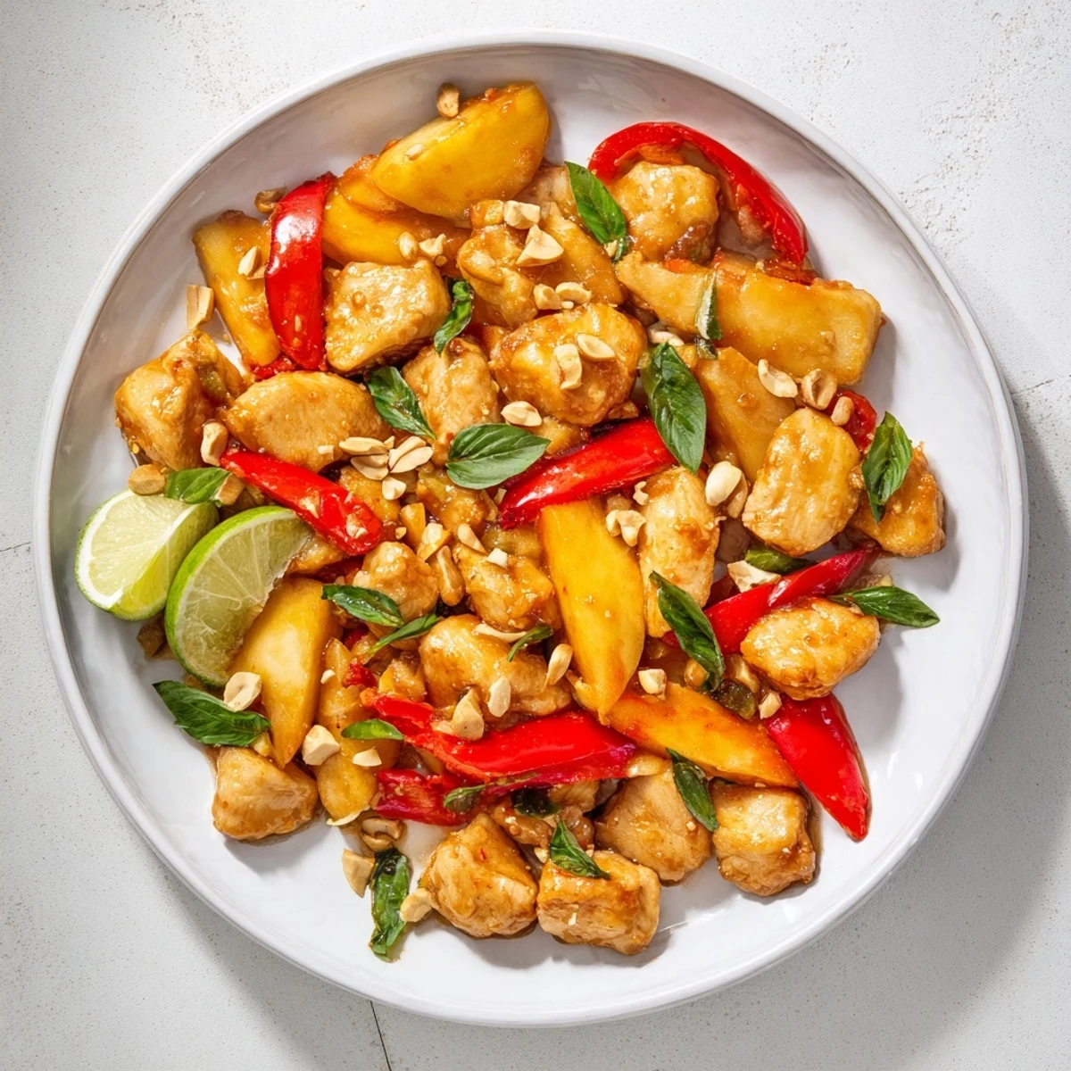 Golden Thai peach chicken with tender meat simmered in sweet spicy glazed sauce