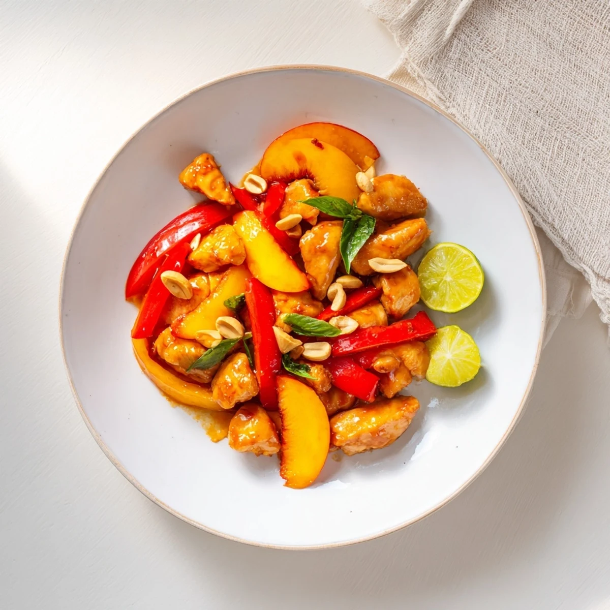 Vibrant Thai peach chicken featuring colorful bell peppers and fresh basil garnish