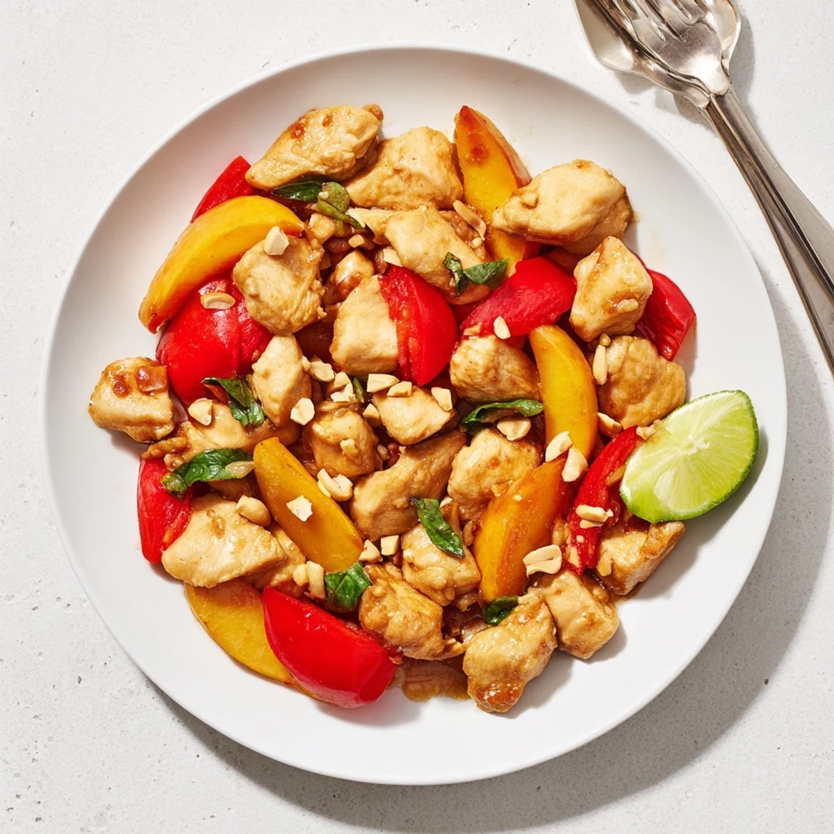 Succulent chicken pieces coated in aromatic Thai peach sauce served over fluffy rice