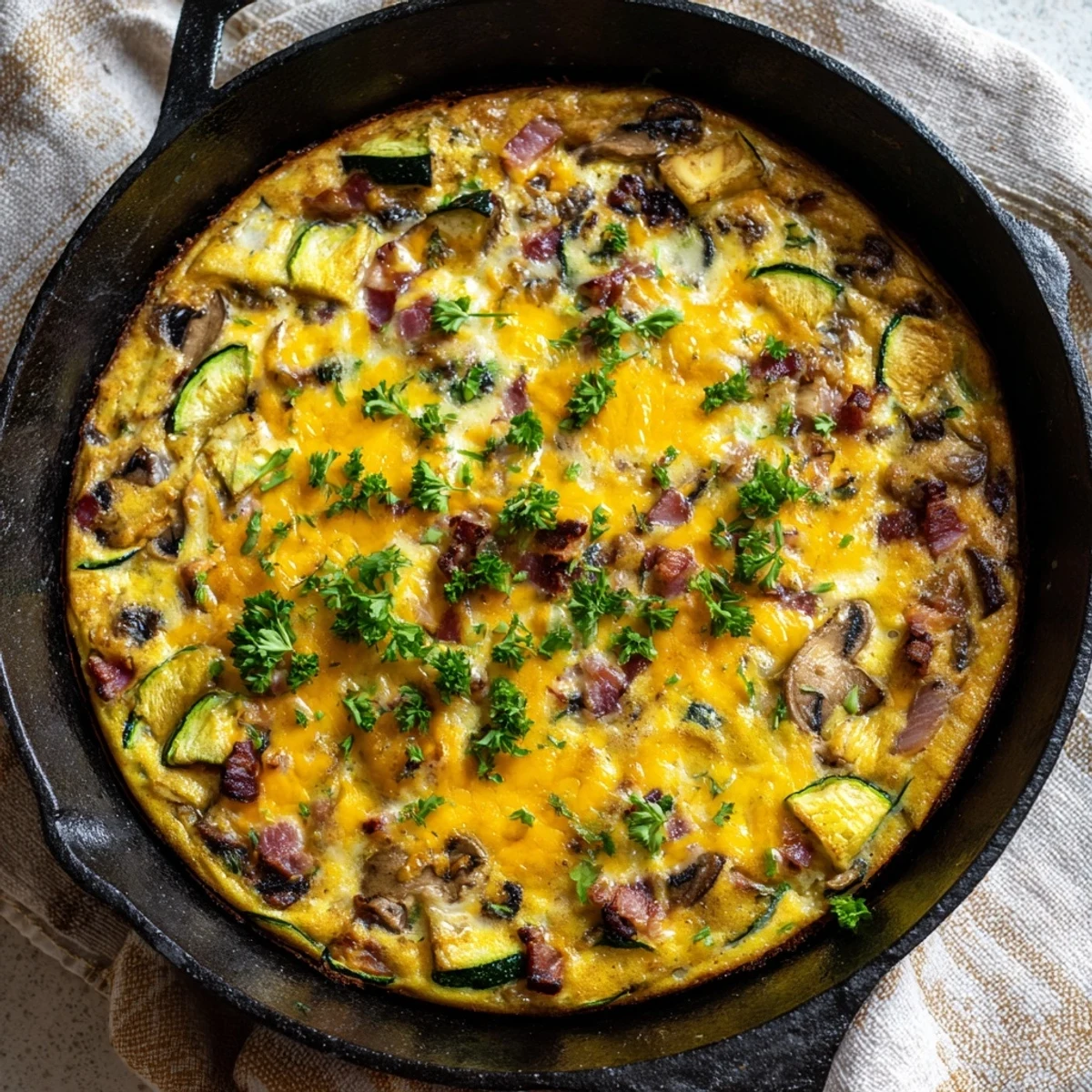 Savory baked egg frittata loaded with smoky bacon mushrooms and zucchini slices on a wooden cutting board
