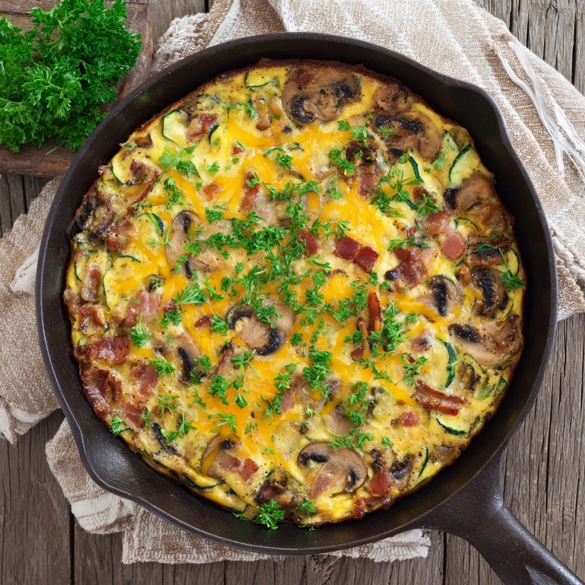 Golden brown mushroom zucchini and bacon family frittata sprinkled with fresh parsley in a cast iron skillet