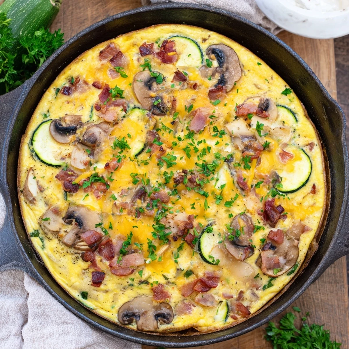 Fluffy mushroom zucchini and bacon frittata served warm with a side of crusty bread and fresh herbs