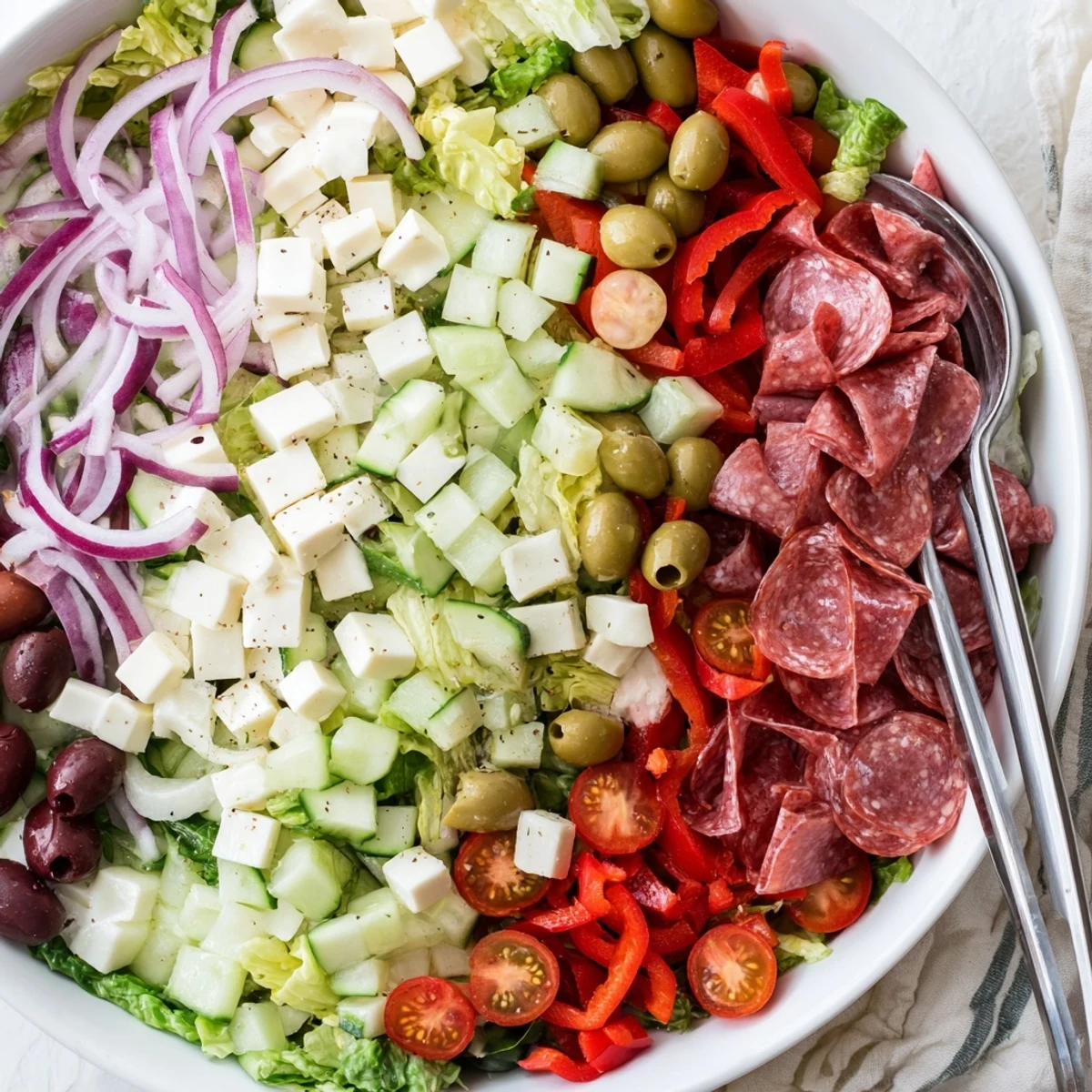 Vibrant Italian chopped salad arranged with pepperoncini, roasted red peppers, and shaved Parmesan tossed in olive oil dressing.