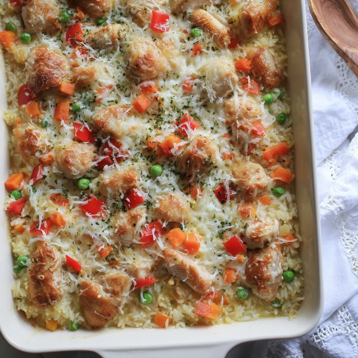 Golden bubbly Macau style baked Portuguese chicken rice with melted mozzarella and colorful vegetables in a casserole dish