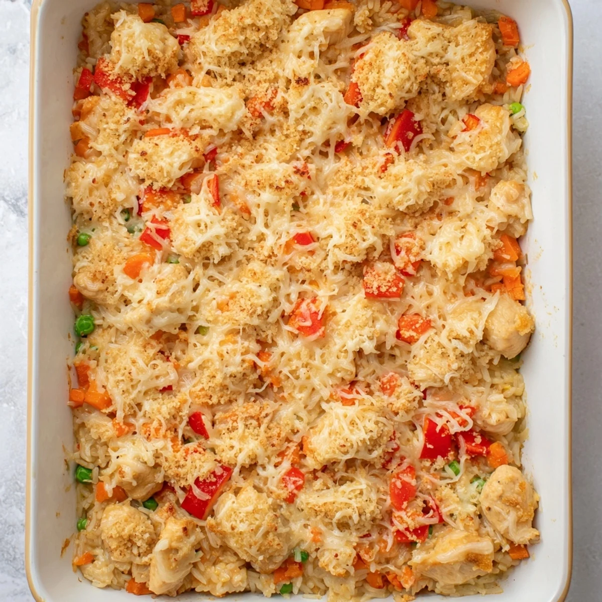 Steamy baked Portuguese chicken rice casserole topped with Parmesan and mozzarella cheese showcasing rich Macanese fusion comfort food
