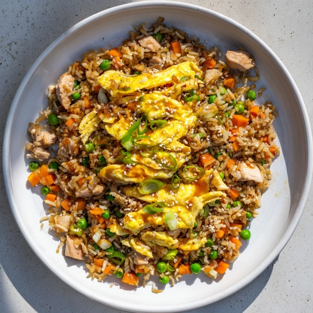 Golden chicken fried rice topped with thin egg omelette ribbons and colorful vegetables