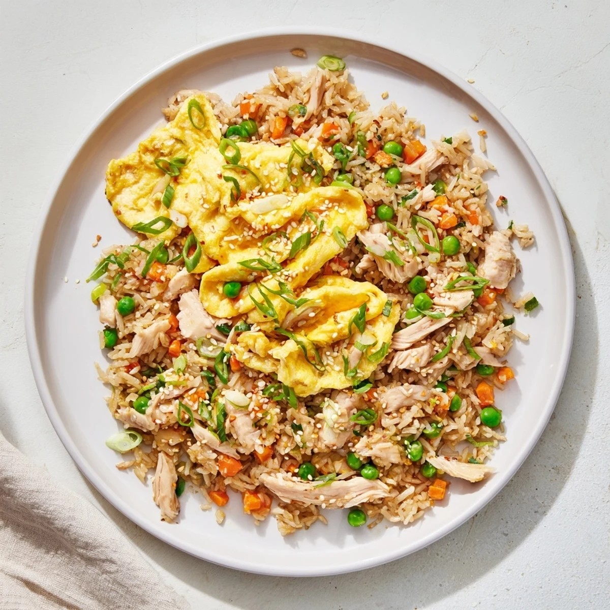 Savory stir-fried jasmine rice with tender chicken slices and garnished egg strips