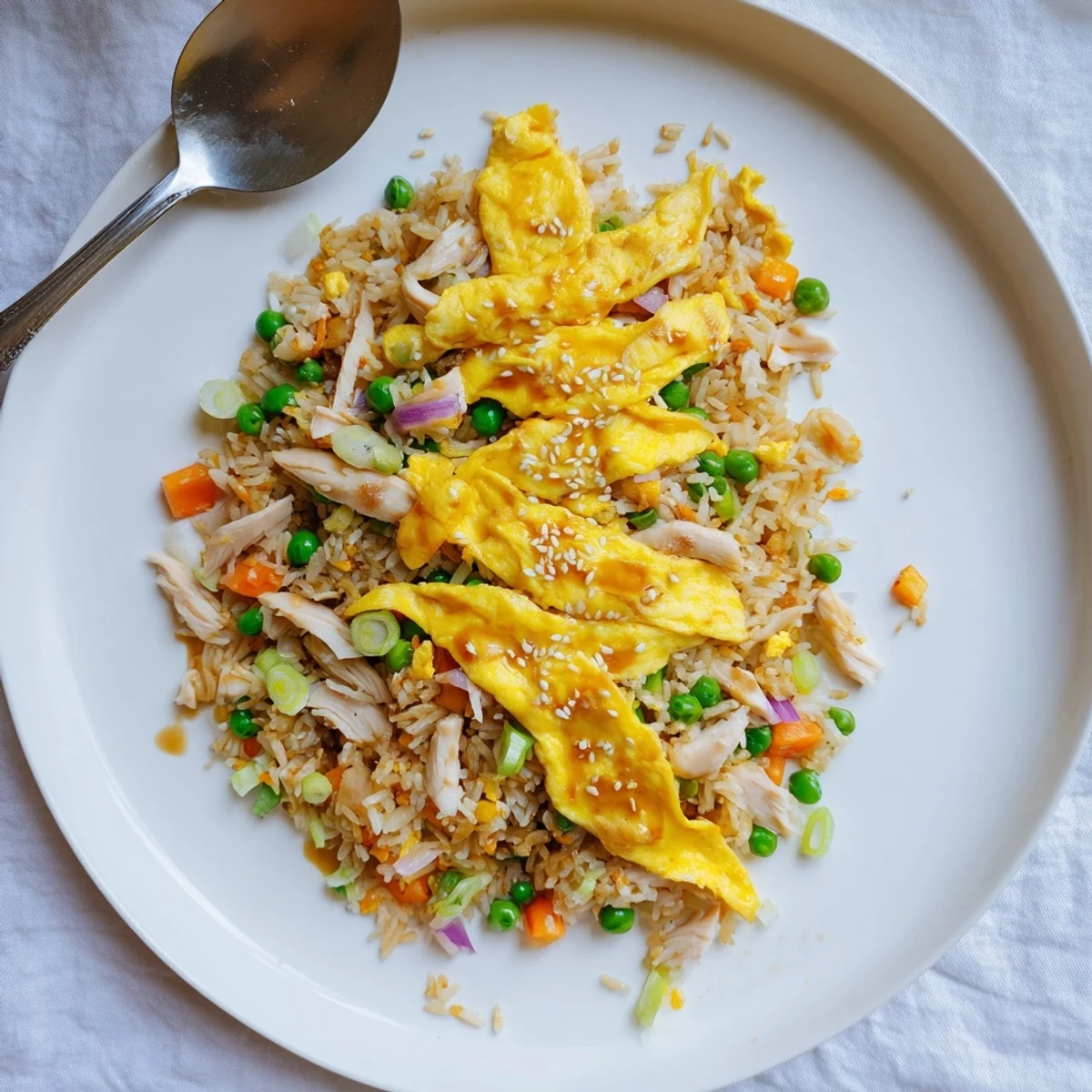 Wok-tossed chicken fried rice finished with golden sliced egg omelette and scallions