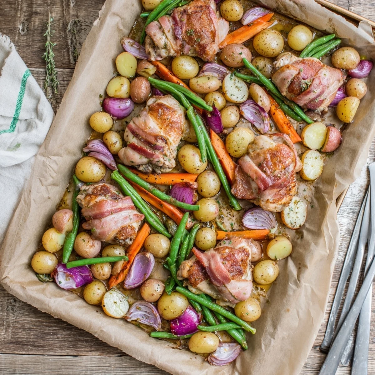 Oven-baked bacon wrapped chicken thigh tray bake with tender root vegetables and crisp green beans