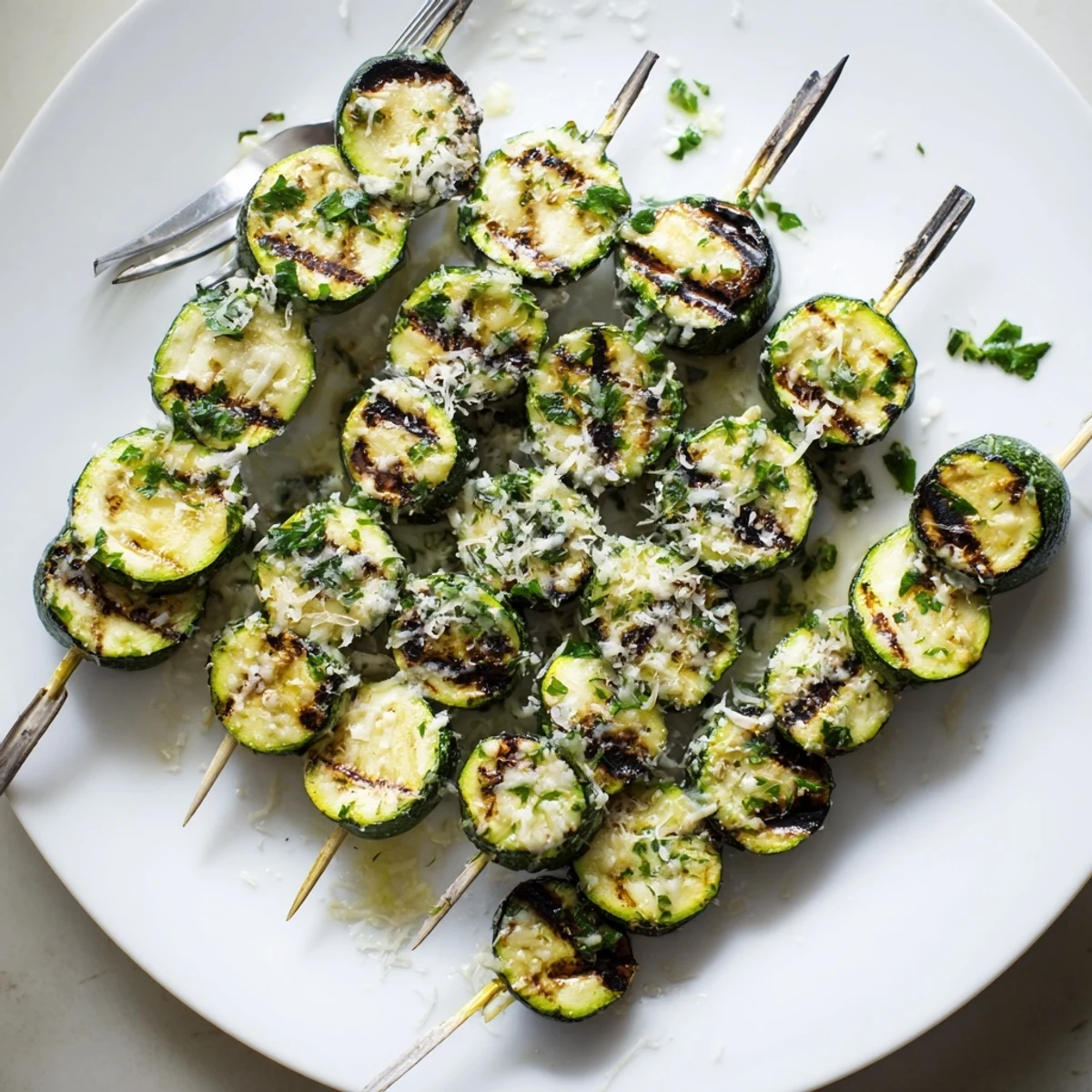 Golden grilled zucchini skewers brushed with savory garlic butter and fresh parsley garnish