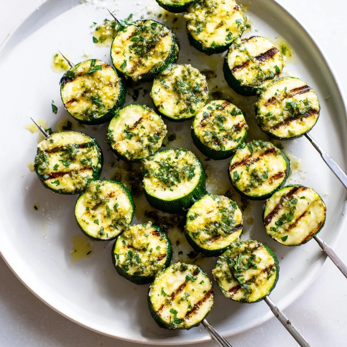 Easy garlic butter zucchini skewers on a platter with char marks and melted herbs