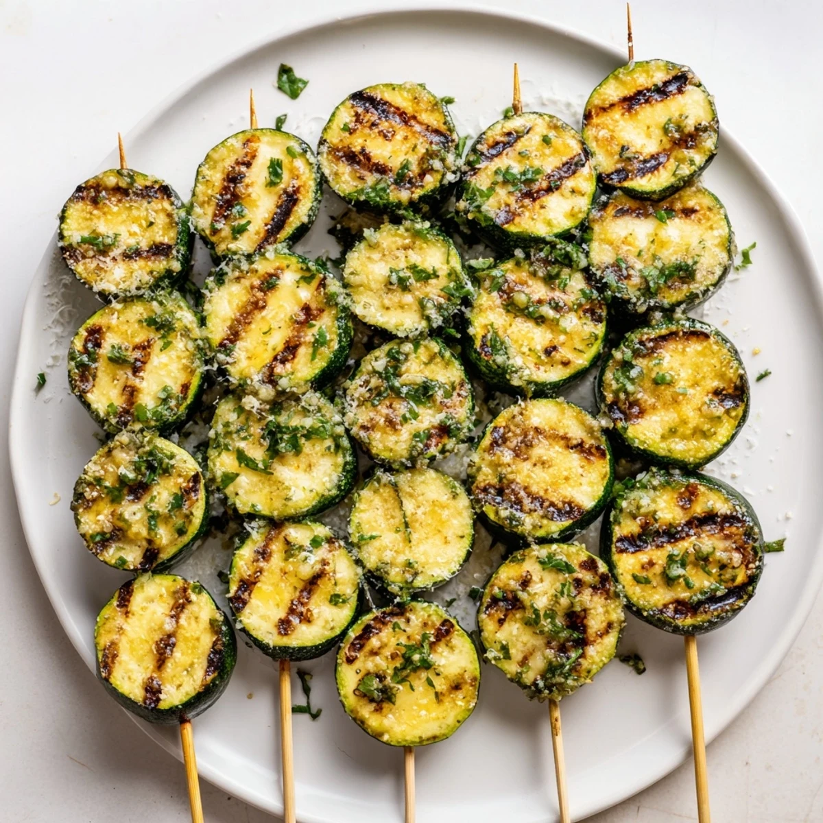 Tender grilled zucchini rounds threaded on skewers glistening with rich garlic butter coating