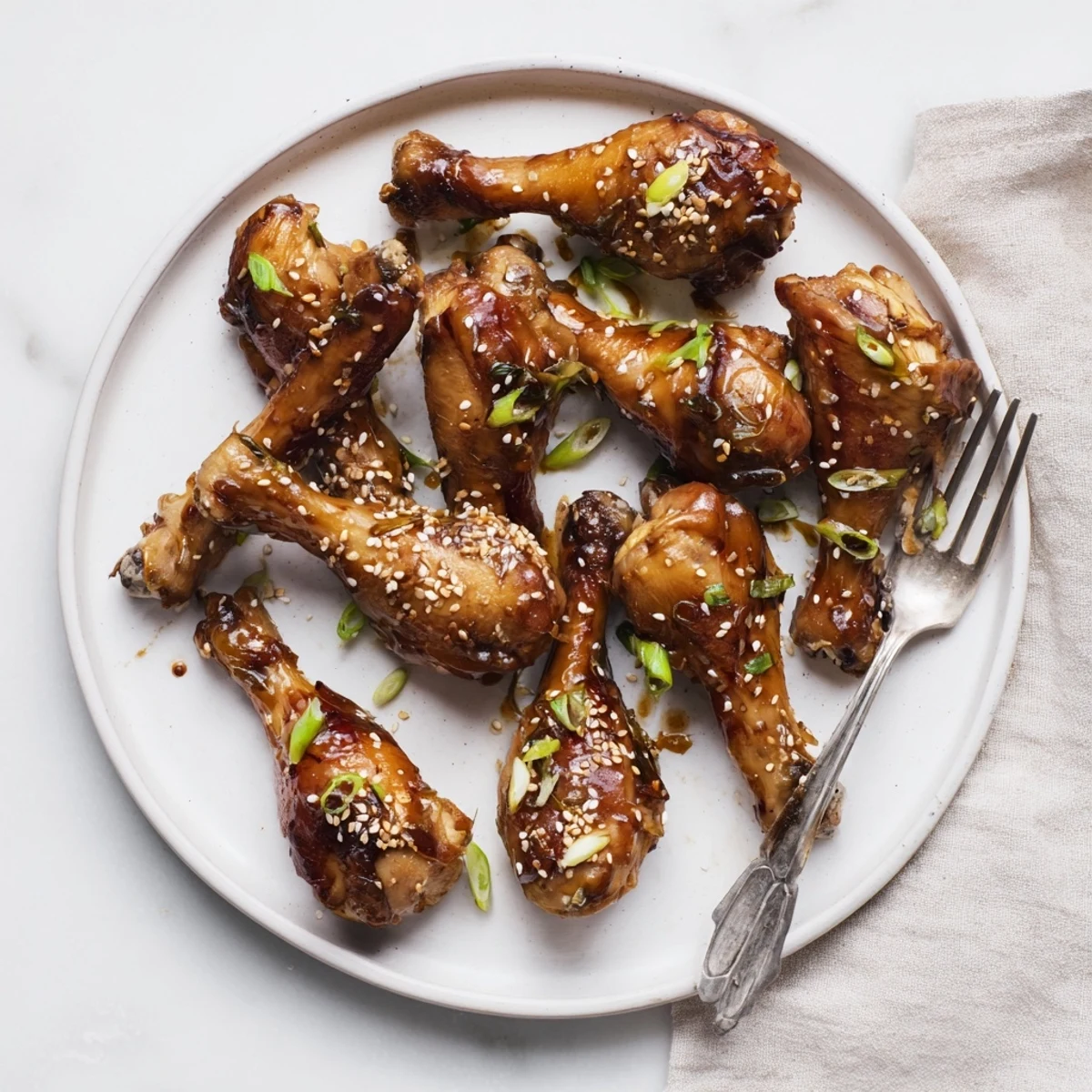 Tender Asian glazed chicken drumsticks garnished with sesame seeds and sliced scallions