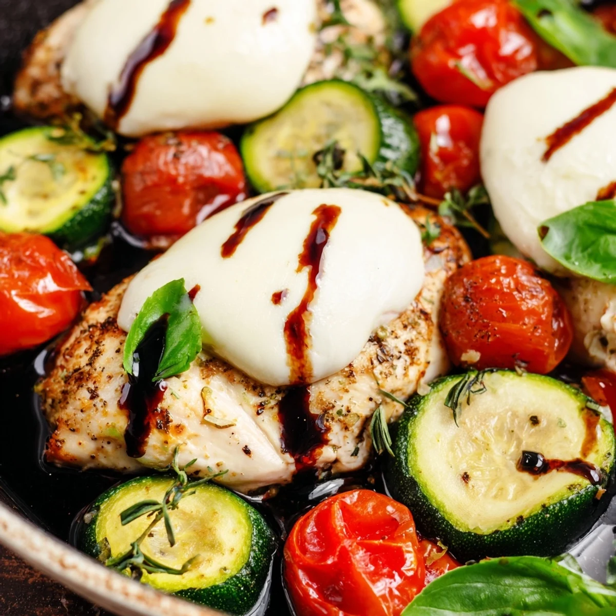 Golden brown chicken breasts nestled with tender zucchini slices and melted mozzarella in this Caprese chicken skillet