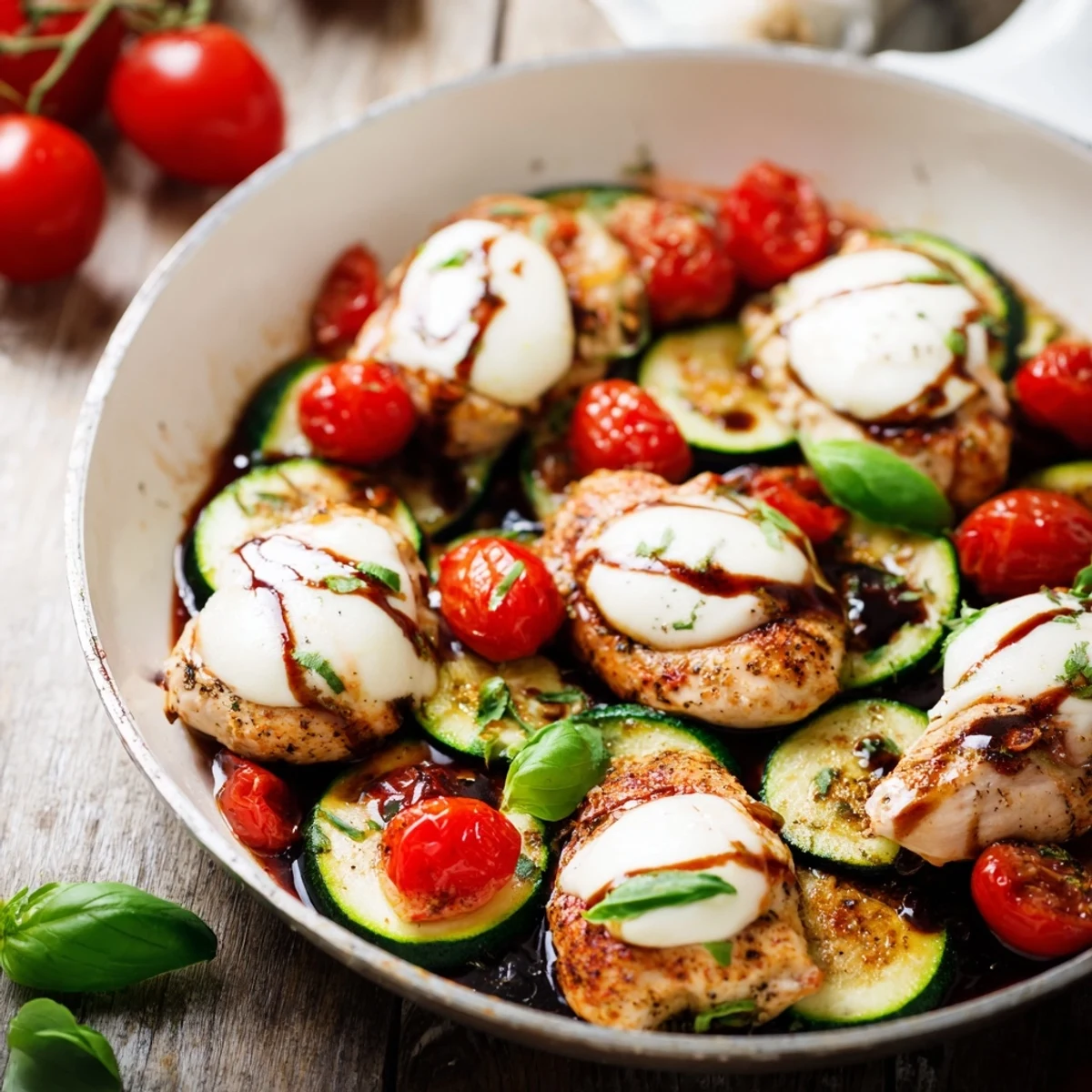Sizzling skillet of Caprese chicken zucchini with cherry tomatoes and creamy melted mozzarella cheese ready to serve