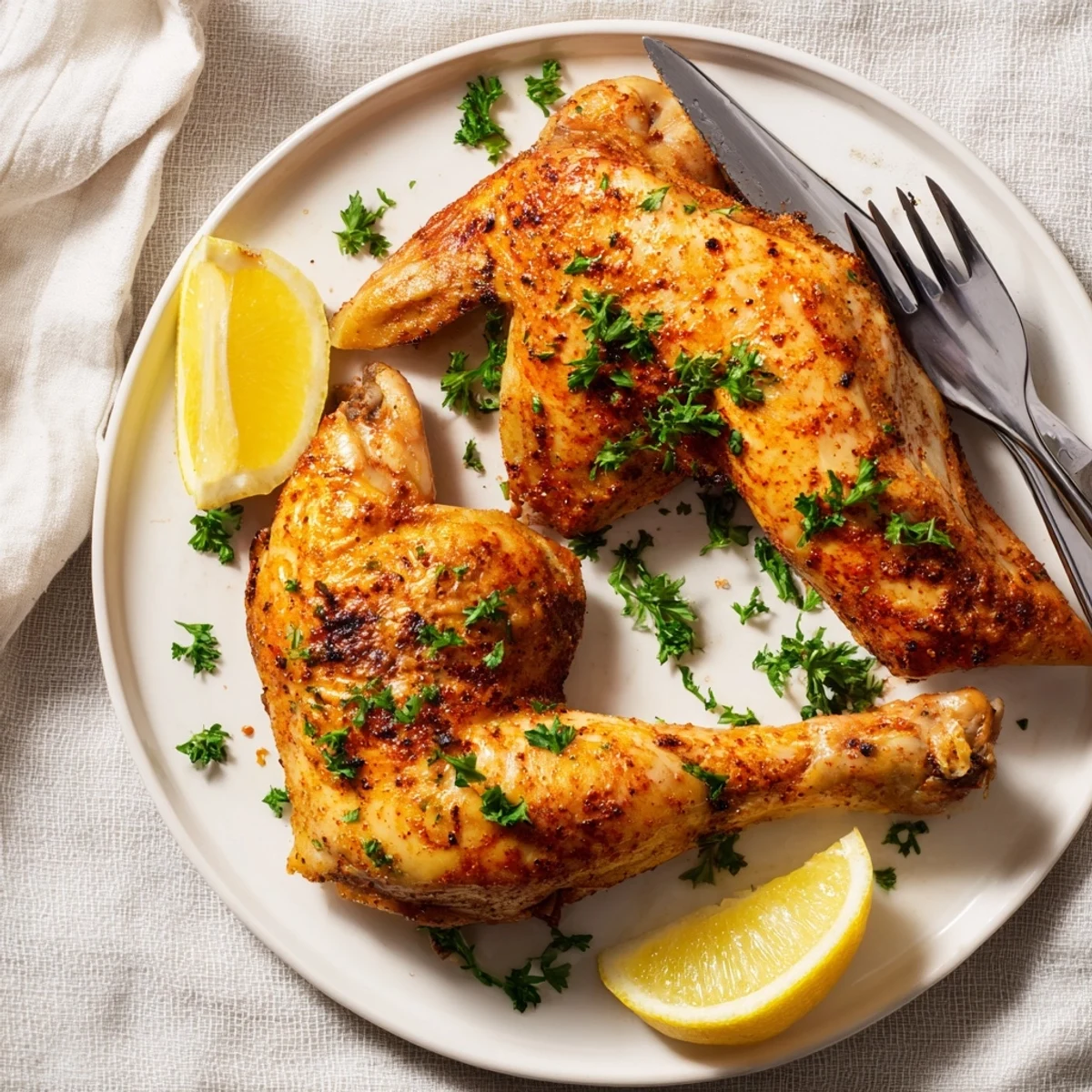 Golden baked chicken leg quarters with crispy seasoned skin roasted on a wire rack
