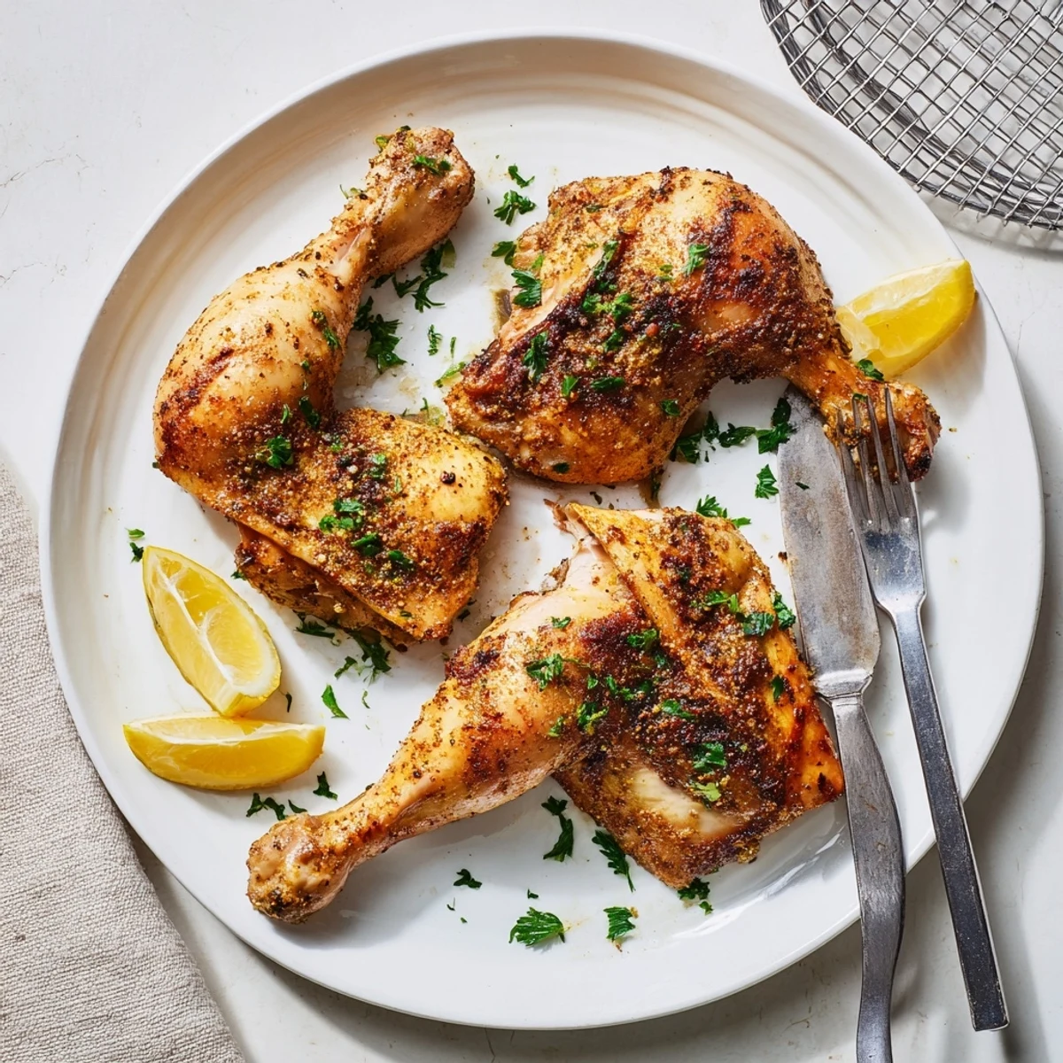 Succulent oven roasted chicken leg quarters garnished with fresh parsley and lemon wedges