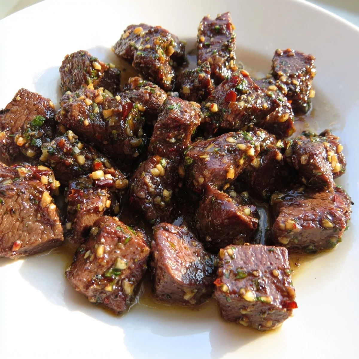 Golden pan-seared cowboy butter steak bites glistening with garlic herb butter sauce and fresh parsley
