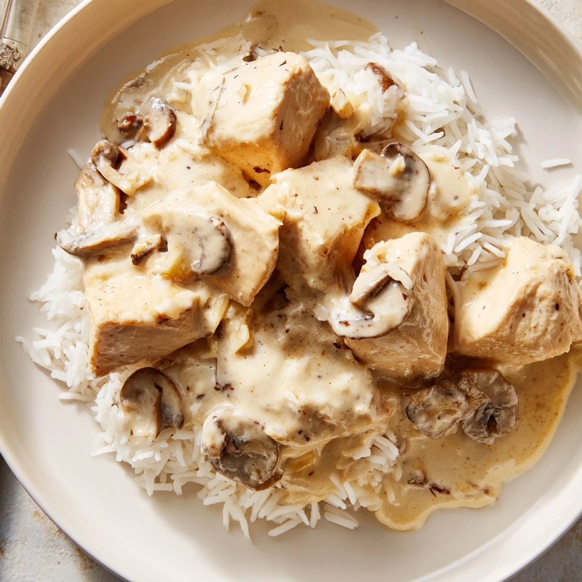 Golden brown chicken breasts resting in a rich white Parmesan sauce served over fluffy white rice