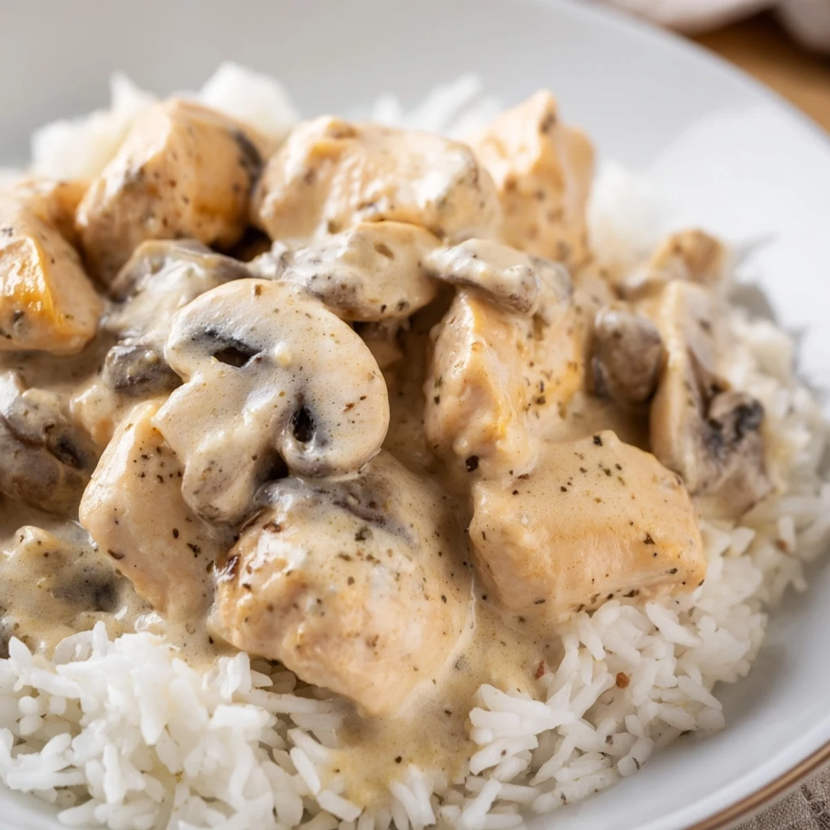 Tender smothered chicken and rice plated with creamy mushroom sauce and garnished with fresh parsley