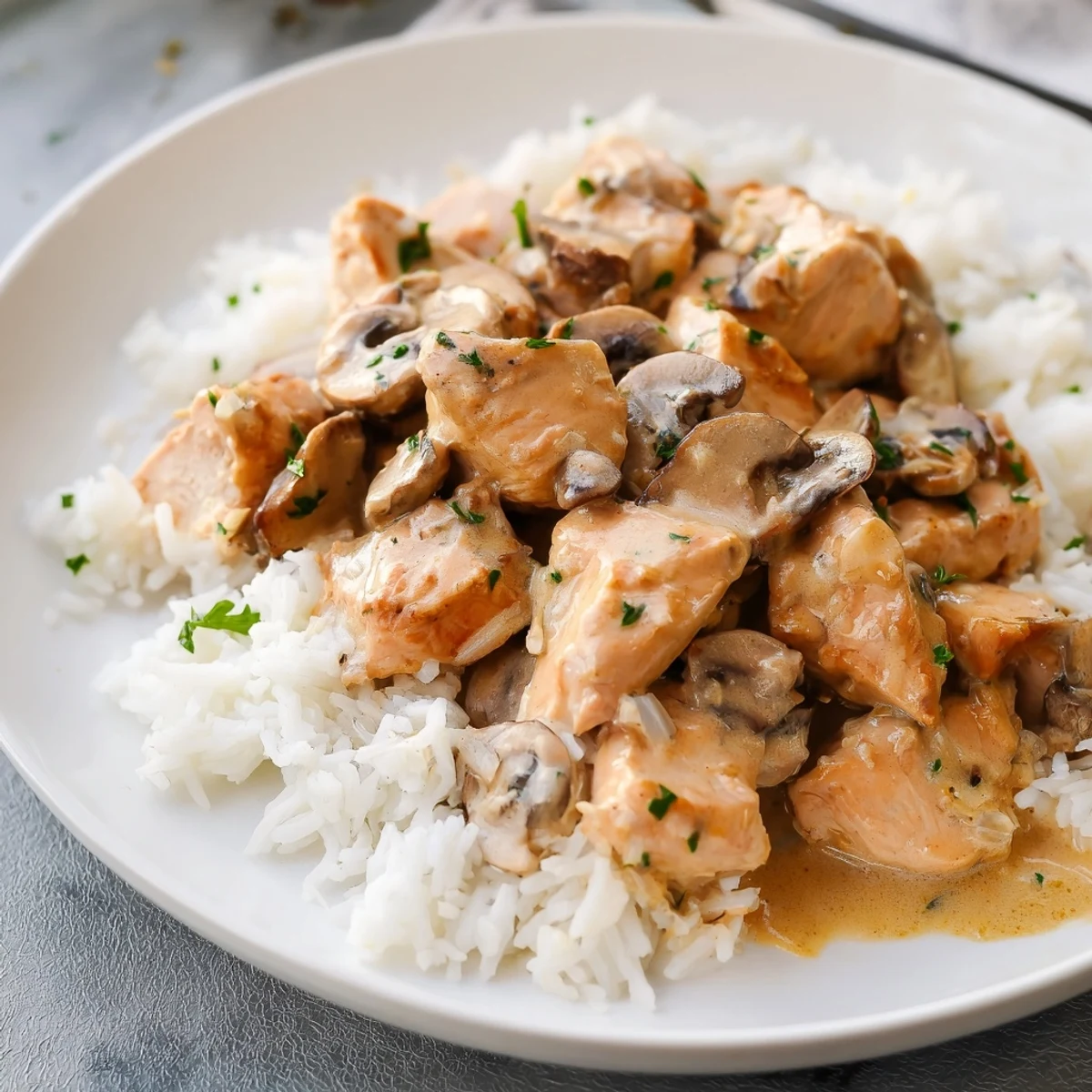 Comforting bowl of creamy smothered chicken and rice with thick gravy sauce coating steaming white rice