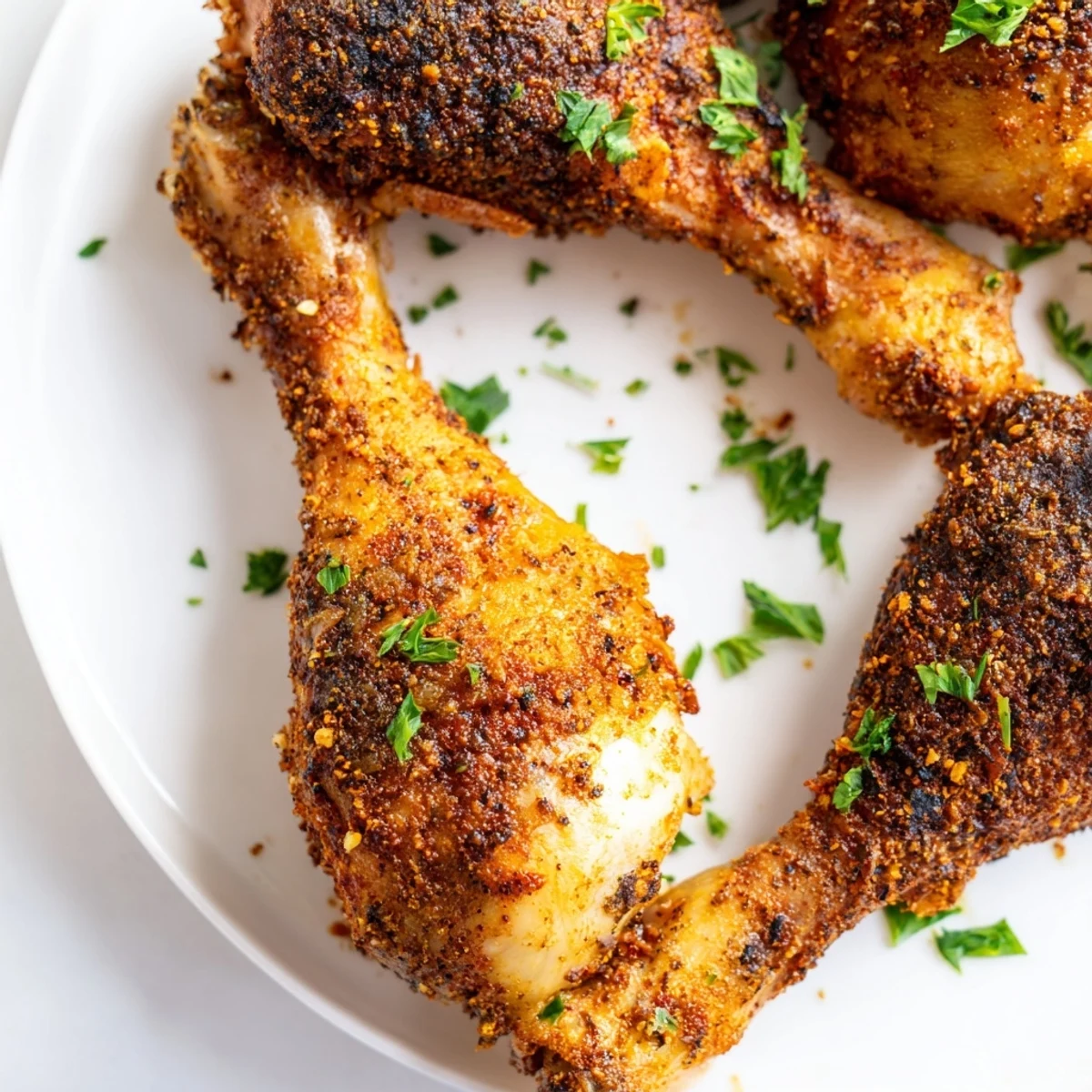 Golden brown oven baked chicken legs with crispy skin and tender juicy meat inside