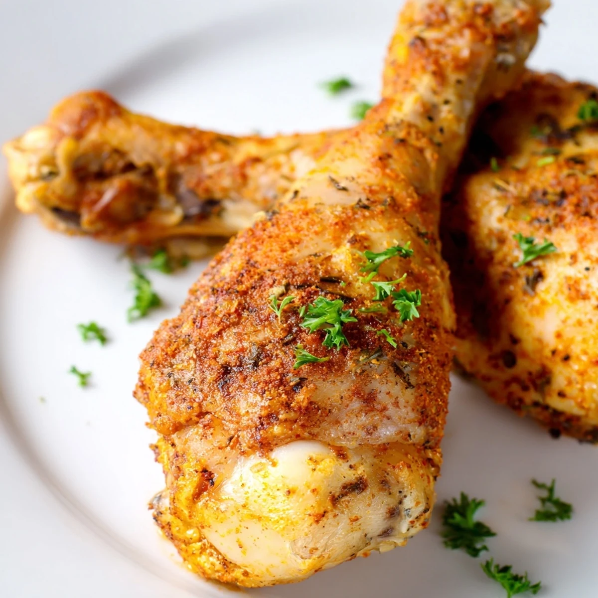Delicious oven baked chicken legs garnished with fresh parsley and served with lemon wedges